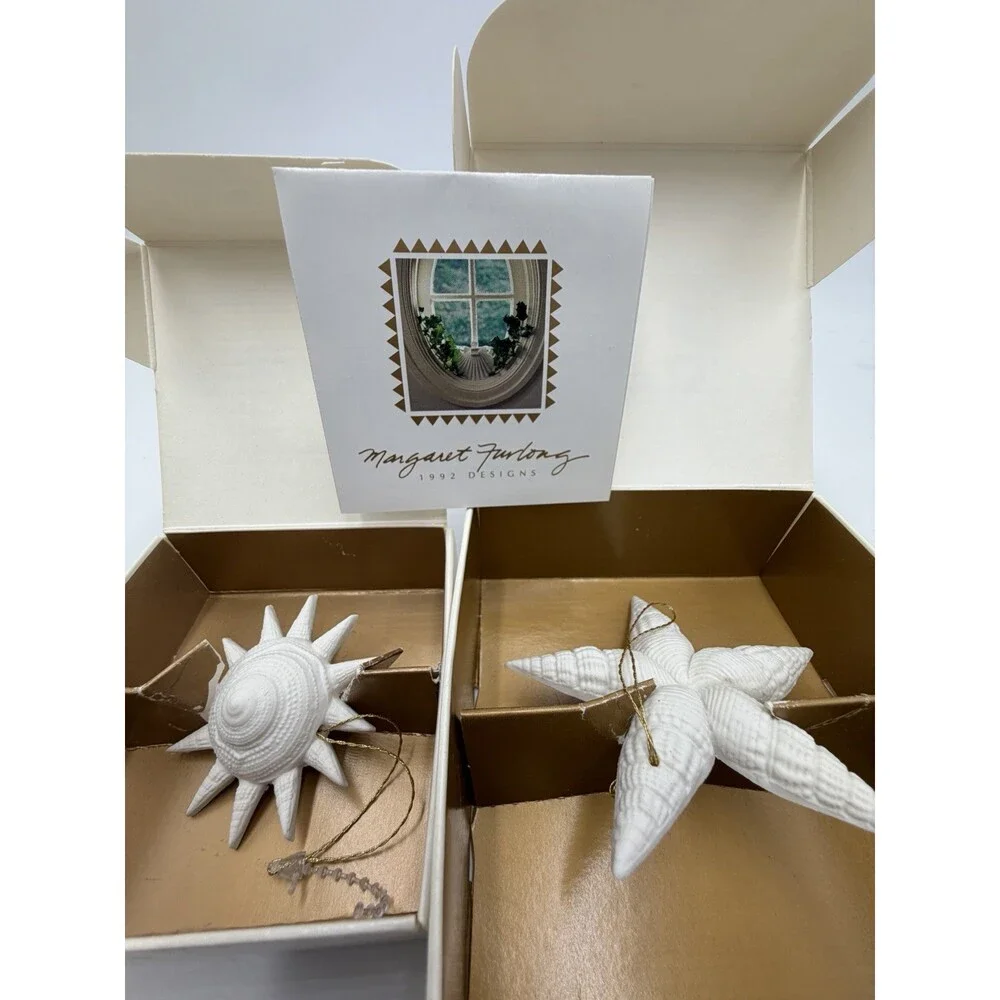 Vintage Margaret Furlong White Bisque Porcelain Sunshell Morning Star Ornaments